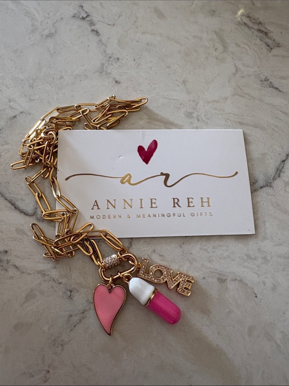 Annie Reh Gold Tone Chain Necklace with Pink Heart & love Charms